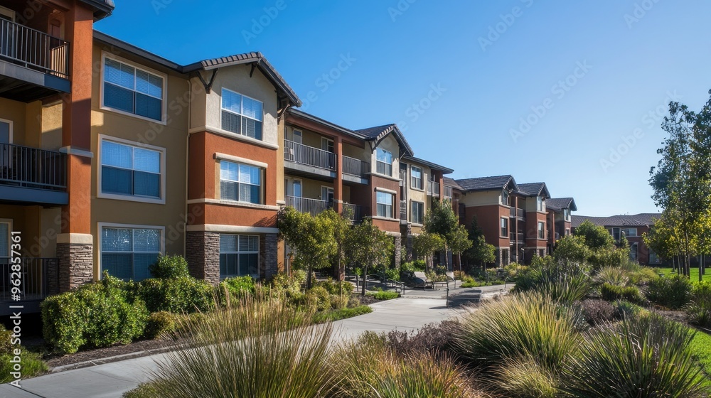 Residential apartment complex with balconies, landscaped gardens, and a clear blue sky. - Residential apartment complex with balconies, landscaped gardens, and a clear blue sky. -