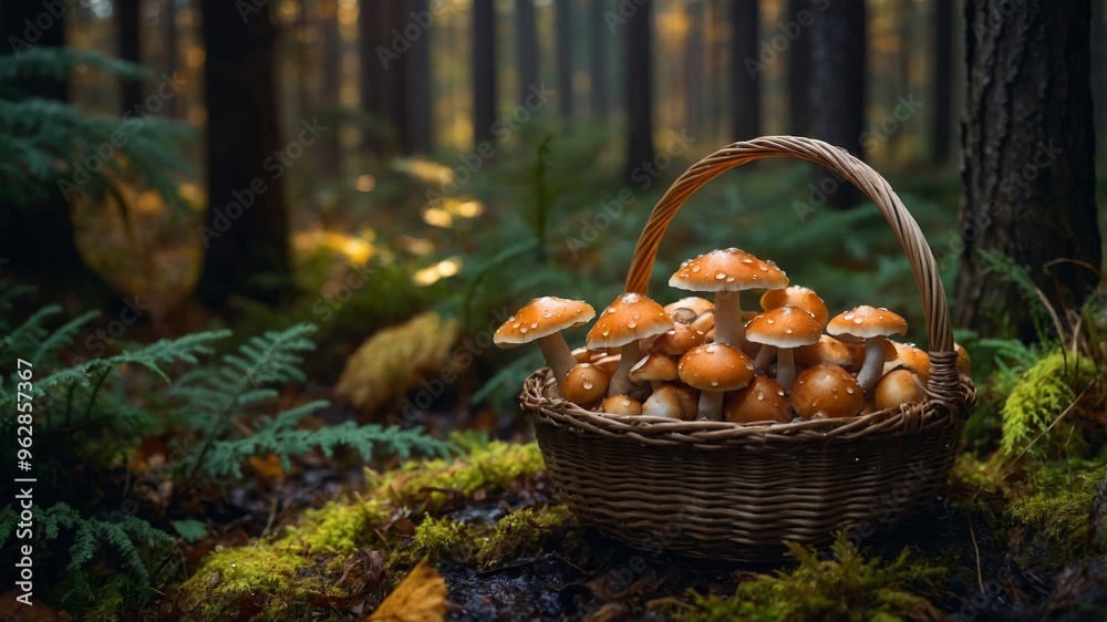 A basket filled with freshly picked mushrooms rests on soft moss in a tranquil forest A basket filled with freshly picked mushrooms rests on soft moss in a tranquil forest