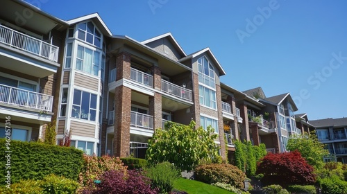 Residential apartment complex with balconies, landscaped gardens, and a clear blue sky. -