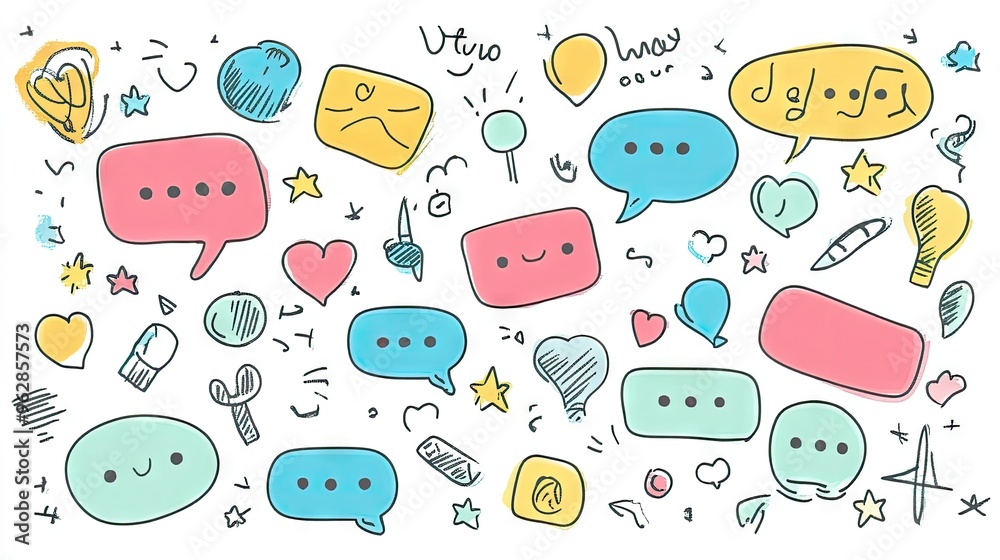 Set of balloon-style speech bubbles and message boxes with outline doodle designs and space for text. Perfect for social media and chat application visuals. - Set of balloon-style speech bubbles and message boxes with outline doodle designs and space for text. Perfect for social media and chat application visuals. -