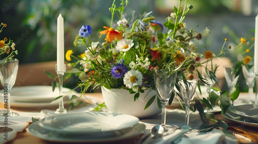 Fototapeta premium Rustic Summer Table Setting with Wildflower Centerpiece