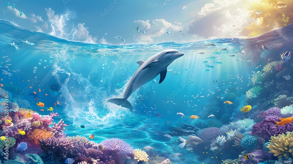 Fototapeta premium Dolphin Leaping Through Coral Reef in Underwater Paradise
