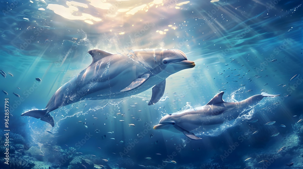 Fototapeta premium Two Dolphins Swimming in the Ocean with Sunbeams