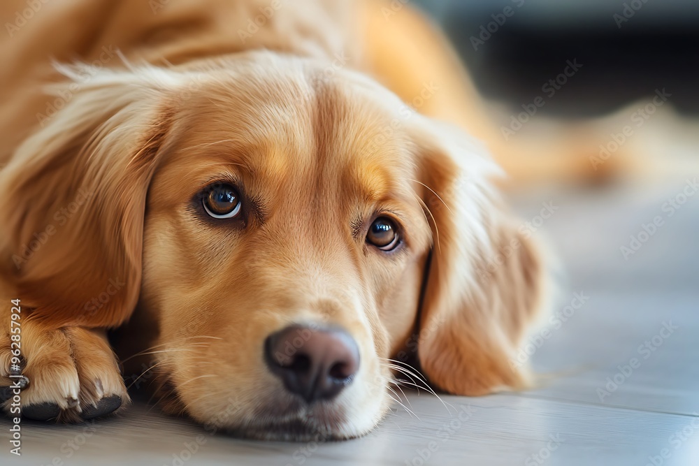 Golden retriever dog lying down looking at camera Golden retriever dog lying down looking at camera