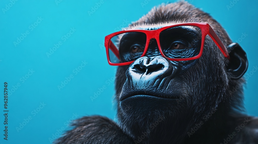 gorilla wearing red and black glasses on a blue background. gorilla wearing red and black glasses on a blue background.
