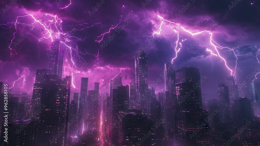 Fototapeta premium Storm with vivid purple lightning bolts striking through the city, creating an electrifying visual effect and casting a dramatic glow over the buildings.