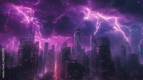 Storm with vivid purple lightning bolts striking through the city, creating an electrifying visual effect and casting a dramatic glow over the buildings.