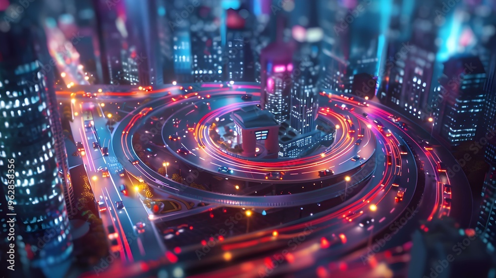 Fototapeta premium Night Cityscape with Highway Interchange and Neon Lights