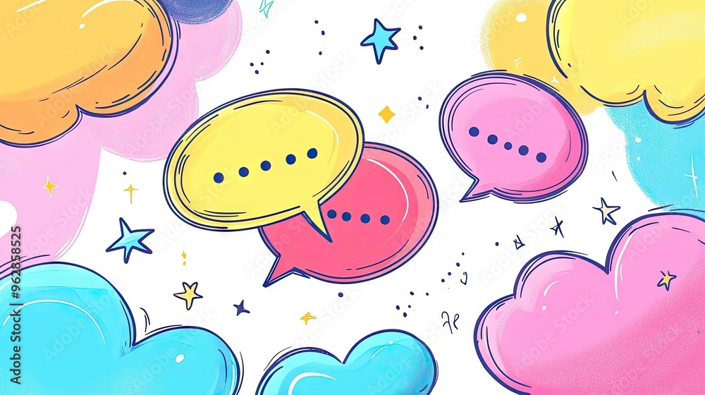 Stylized speech bubble text boxes and message balloons in doodle style with space for your text. Ideal for social media, messaging apps, or graphic design Stylized speech bubble text boxes and message balloons in doodle style with space for your text. Ideal for social media, messaging apps, or graphic design