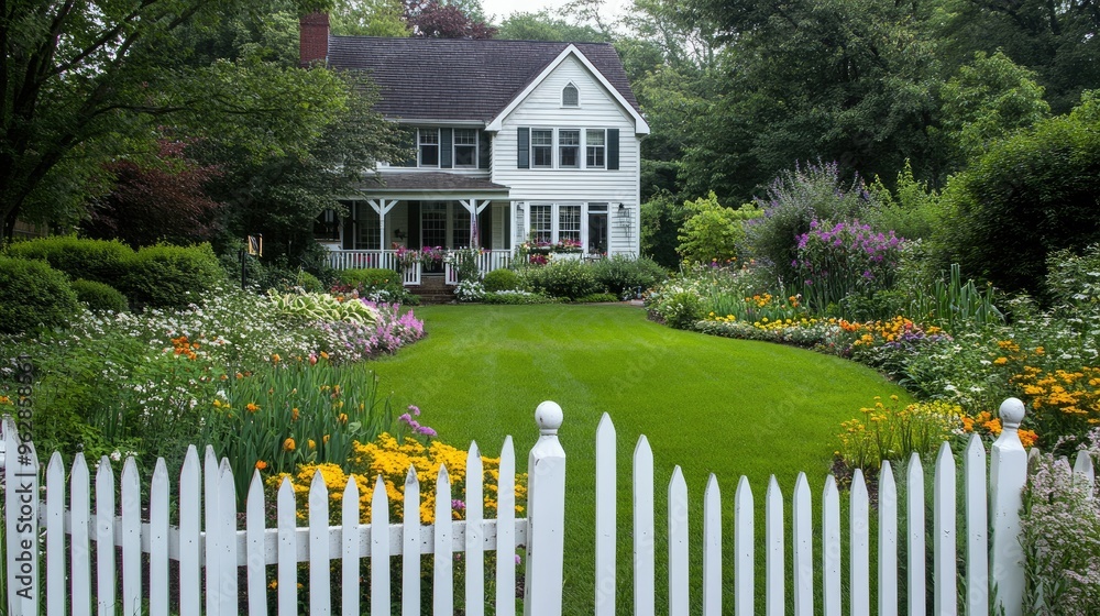 Suburban house with a well-manicured lawn, white picket fence, and flower beds. - Suburban house with a well-manicured lawn, white picket fence, and flower beds. -