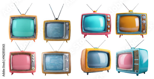 Retro style televisions in various models and colors isolated on transparent background photo