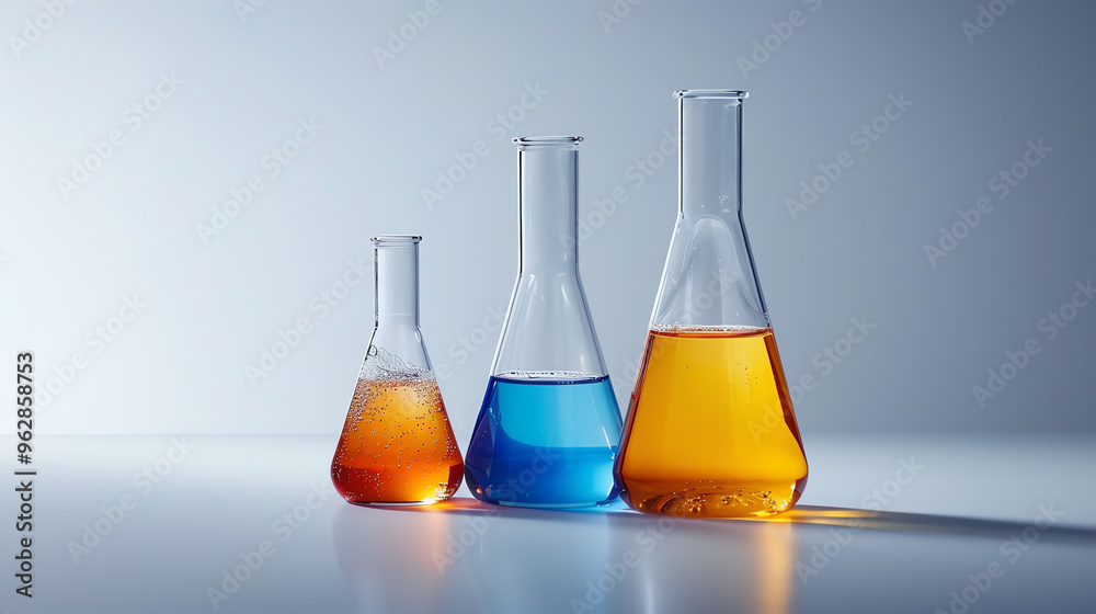 Three beakers filled with colorful liquids arranged in order of size on a white background. Three beakers filled with colorful liquids arranged in order of size on a white background.