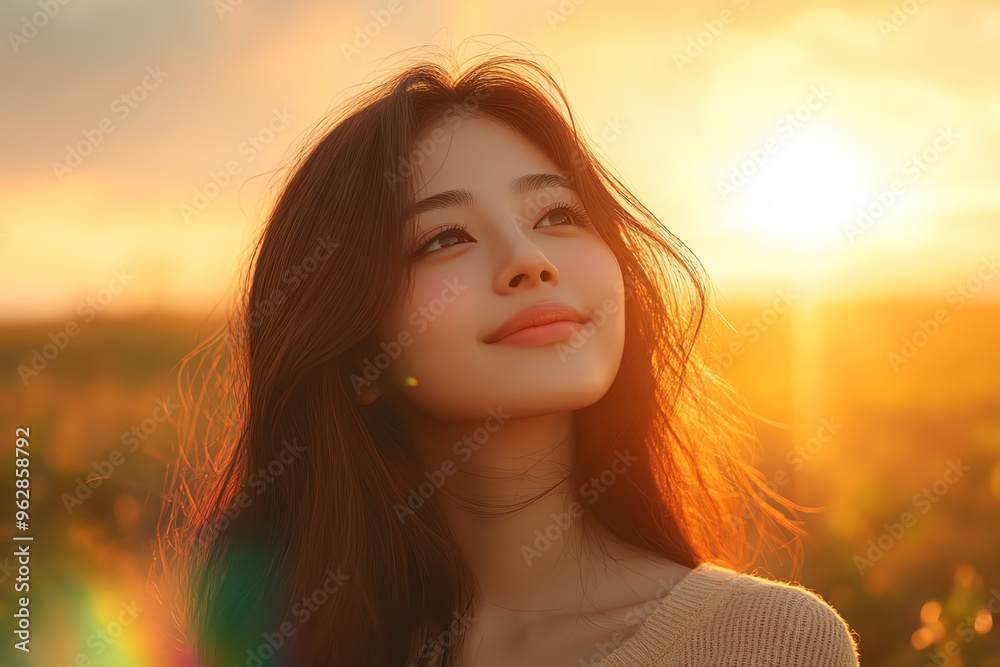 Joyful Asian woman standing against a glowing sunset with a faint rainbow, hyperrealistic rendering, soft hues, peaceful scene Joyful Asian woman standing against a glowing sunset with a faint rainbow, hyperrealistic rendering, soft hues, peaceful scene
