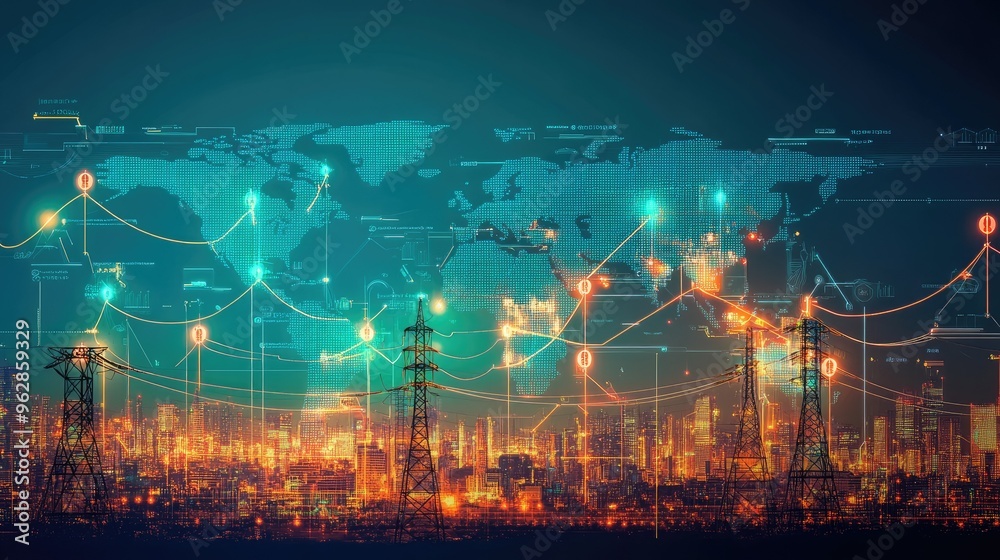 Fototapeta premium World map with energy symbols and a rising graph, depicting increasing electricity prices in the global market.