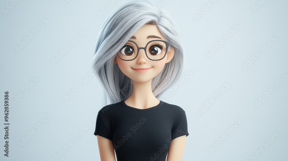 Cheerful Asian Female Character with Smiling Expression, Black Tee, and Silver Hair in Playful 3D Cartoon Selfie Illustration Cheerful Asian Female Character with Smiling Expression, Black Tee, and Silver Hair in Playful 3D Cartoon Selfie Illustration