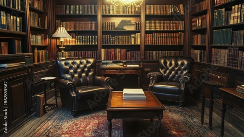 Cozy Library with Leather Armchairs and Antique Bookshelves