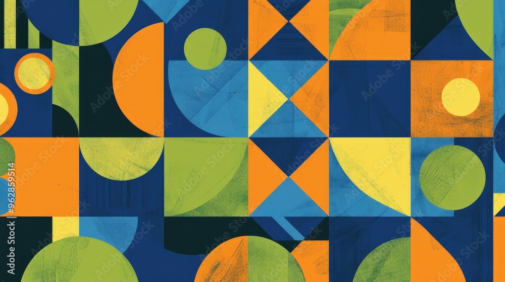 Abstract Bauhaus style seamless pattern with geometric shapes featuring circles, triangles and squares in blue, orange and lime green Abstract Bauhaus style seamless pattern with geometric shapes featuring circles, triangles and squares in blue, orange and lime green