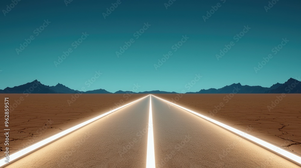 Naklejka premium A long, empty road stretches through a vast desert landscape under a clear blue sky, inviting adventure and exploration.