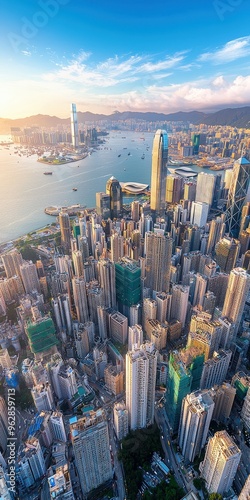 High-angle view over Hong Kong cityscape with skyscrapers and buildings rising against the mountainous landscape, highlighting the city's vibrant and modern architecture.
 photo