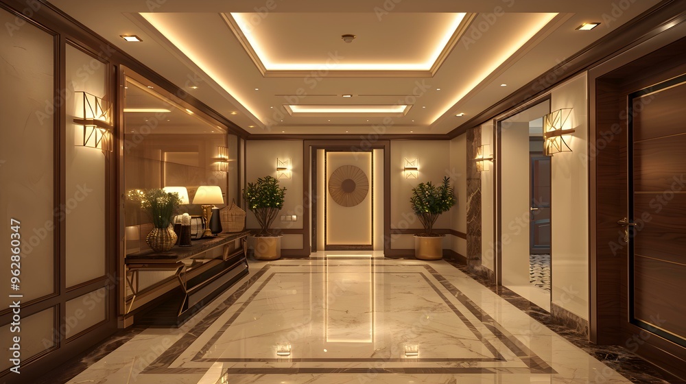Obraz premium Modern Hallway Interior Design with Marble Floor and Gold Accents