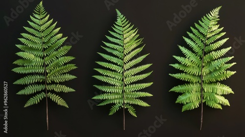 Three Green Fern Fronds Against a Black Background