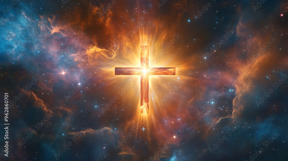 A glowing wooden cross shines brightly in the middle of a dark starry sky, creating a celestial and spiritual image. A glowing wooden cross shines brightly in the middle of a dark starry sky, creating a celestial and spiritual image.