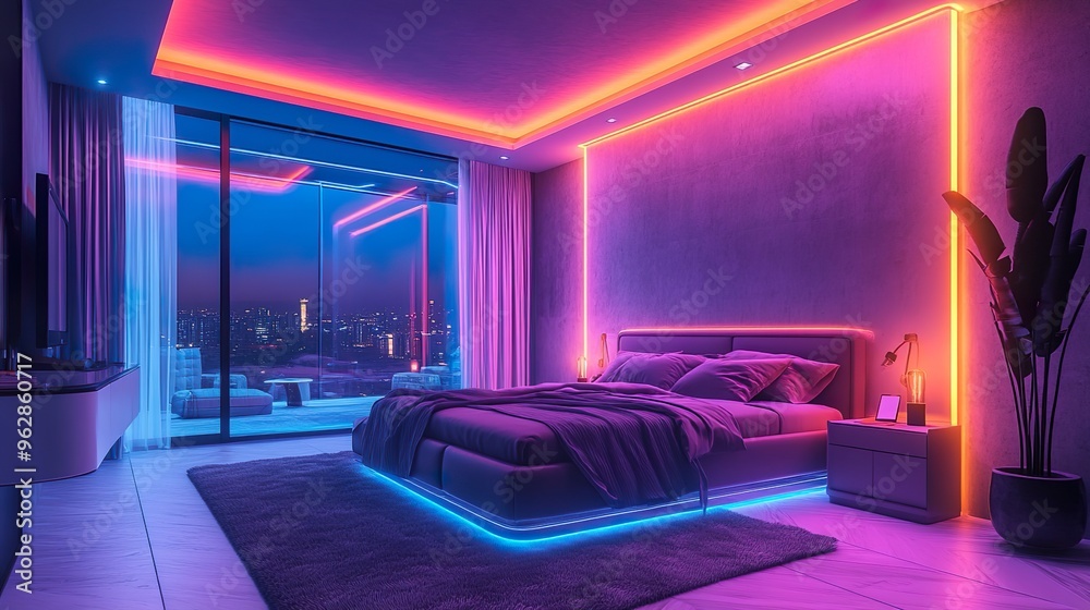Contemporary room with neon light borders and high tech decor elements enhancing the design Contemporary room with neon light borders and high tech decor elements enhancing the design