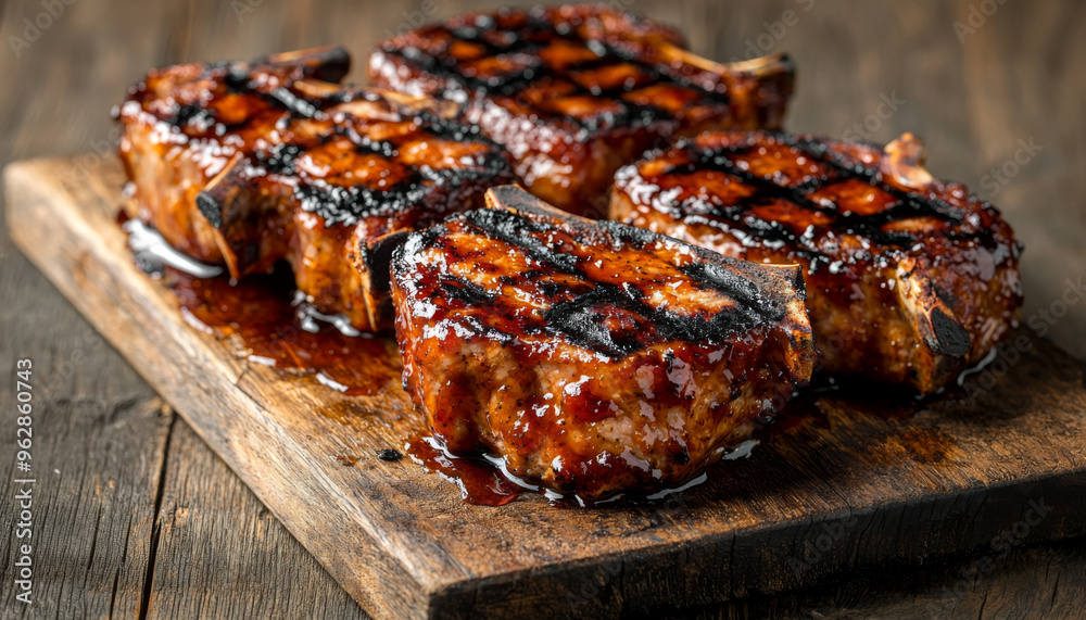 Grilled meat chops glazed with sauce on a wooden cutting board, showcasing a delicious meal. Grilled meat chops glazed with sauce on a wooden cutting board, showcasing a delicious meal.