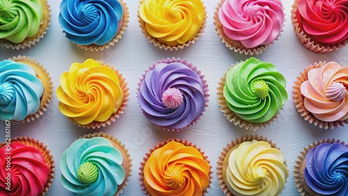 Vibrant frosted cupcakes in an assortment of colors, cupcakes, colorful, frosting, sweet, dessert, treats, swirls, bakery