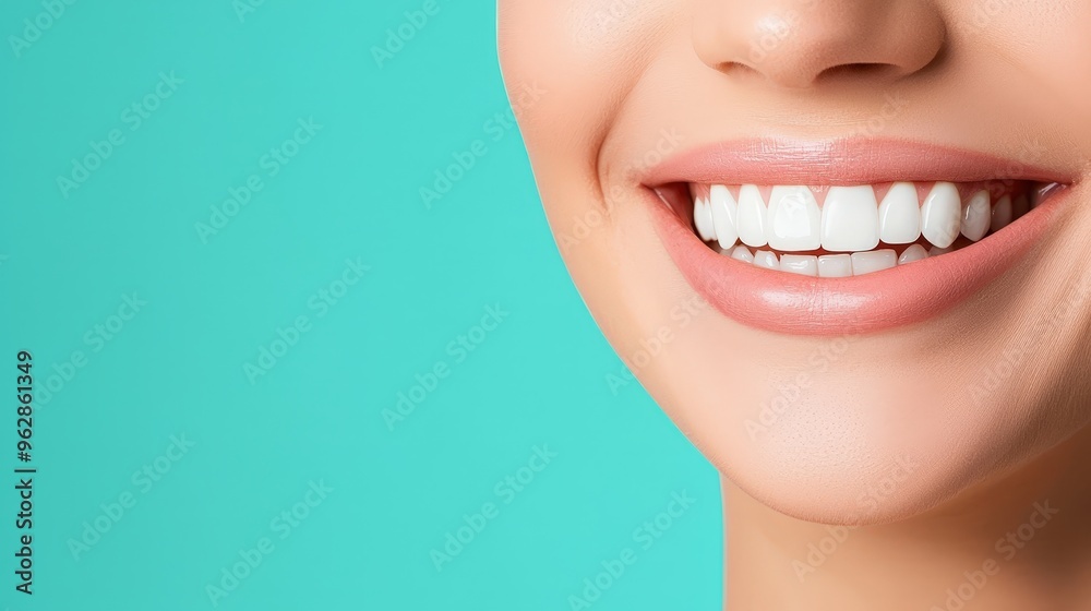 Obraz premium Radiant close-up portrait of a woman with a bright smile and flawless teeth, reflecting positivity, confidence, and natural beauty in her expression. 