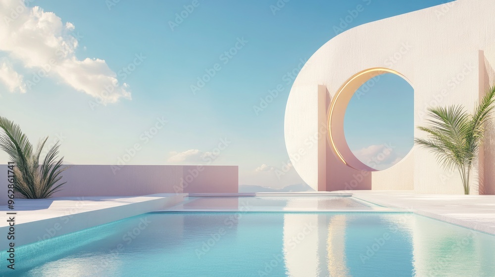 Abstract composition featuring geometric shapes an arch and a swimming pool illuminated by natural daylight set against a minimalist 3D landscape backdrop Abstract composition featuring geometric shapes an arch and a swimming pool illuminated by natural daylight set against a minimalist 3D landscape backdrop