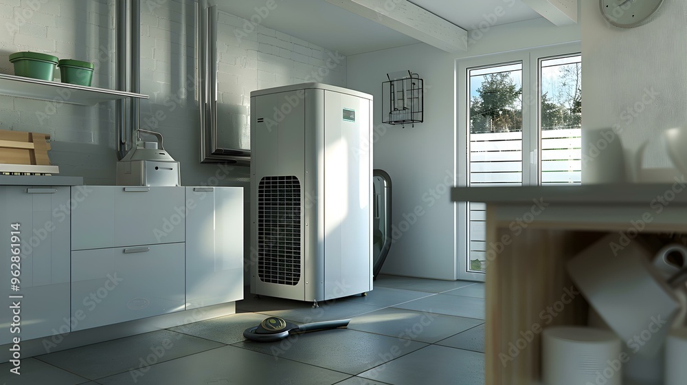 Modern Kitchen Interior with Heat Pump and White Cabinets Modern Kitchen Interior with Heat Pump and White Cabinets