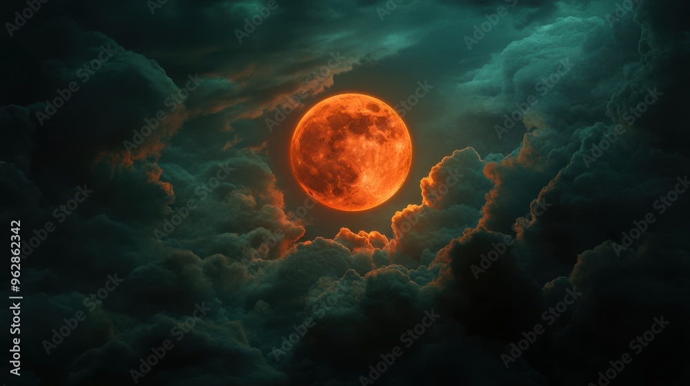 Fototapeta premium An eerie Halloween night with a blood-red moon in a mystical.