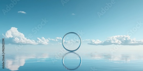 A glass ring placed over still water, surrounded by fluffy clouds in the sky, adding an elegant touch to the landscape.
 photo