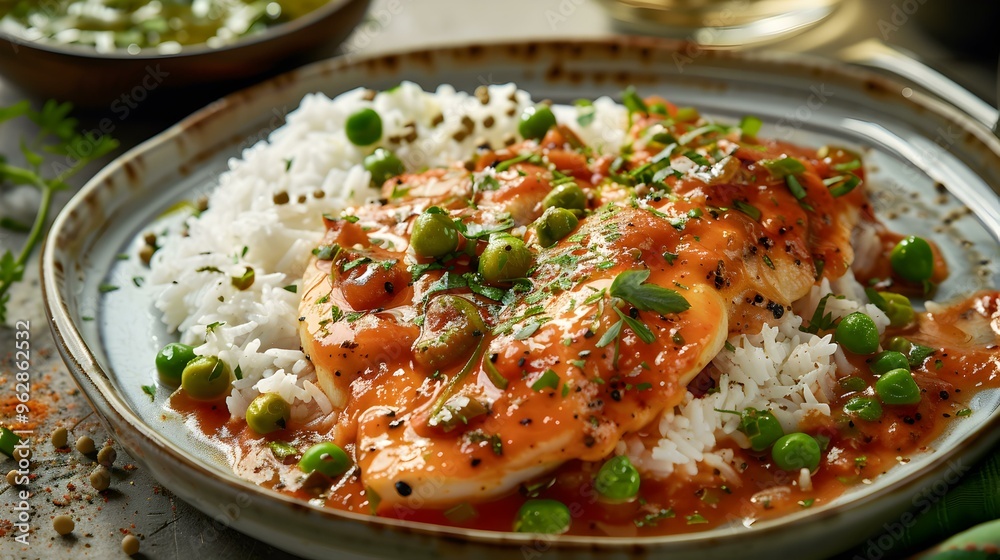 Delicious Fish with Tomato Sauce and Peas Served with Rice Delicious Fish with Tomato Sauce and Peas Served with Rice