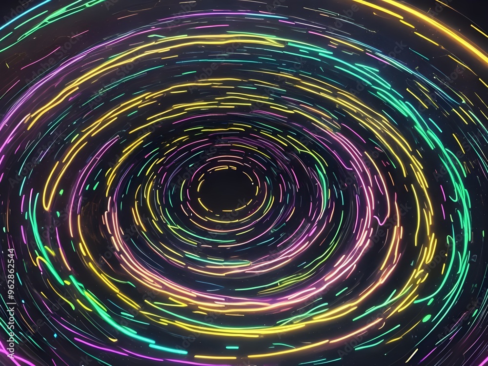 Luminous vibrant glow of neon rings, abstract 3d light effect illustration. Magic glowing speed motion spin, glowing swirl trail circles, bright sparkling lines on dark black background Luminous vibrant glow of neon rings, abstract 3d light effect illustration. Magic glowing speed motion spin, glowing swirl trail circles, bright sparkling lines on dark black background