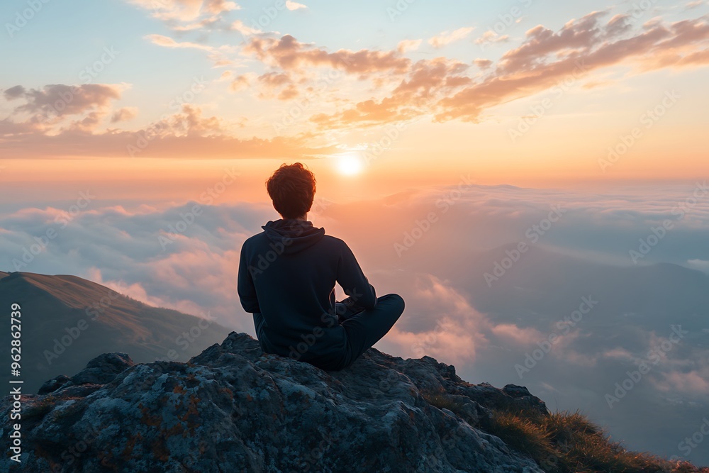 Obraz premium Man meditating on a mountain top at sunset above the clouds