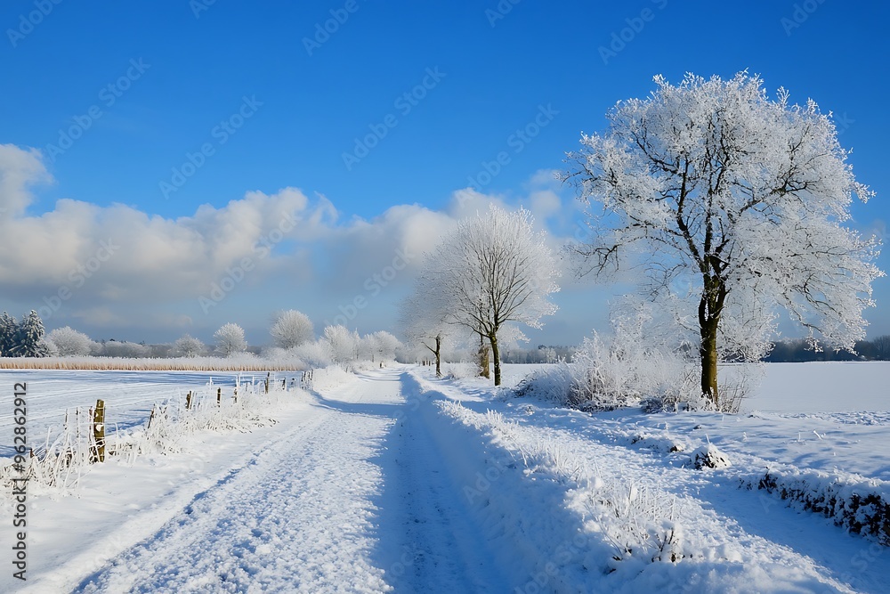 Snowy path winding through a beautiful winter landscape Snowy path winding through a beautiful winter landscape