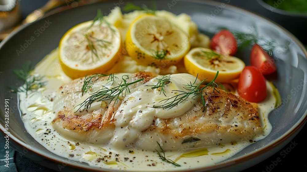 Grilled Fish with Lemon Cream Sauce and Mashed Potatoes Grilled Fish with Lemon Cream Sauce and Mashed Potatoes