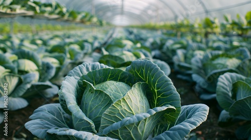 Green Cabbage Growing in a Greenhouse