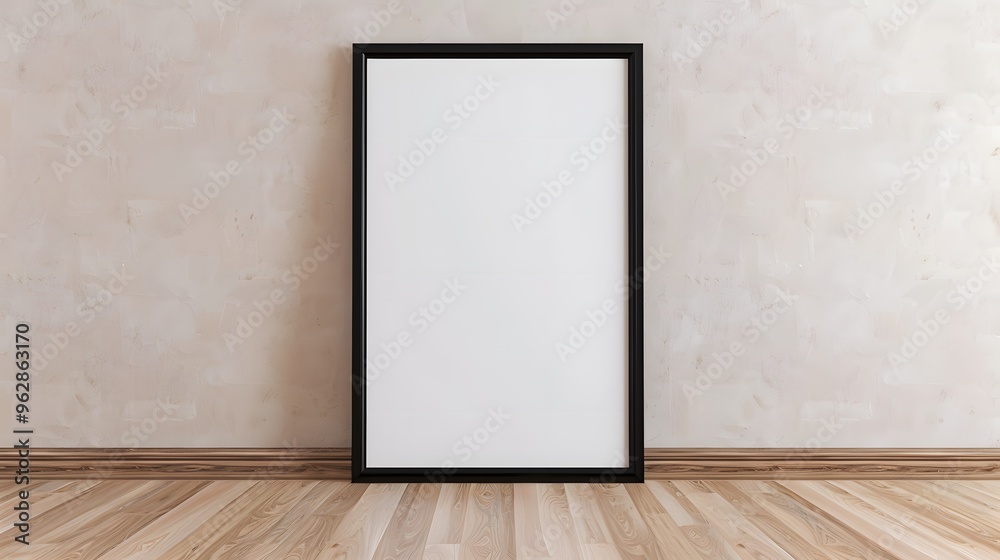 A black framed white picture is on a wall A black framed white picture is on a wall