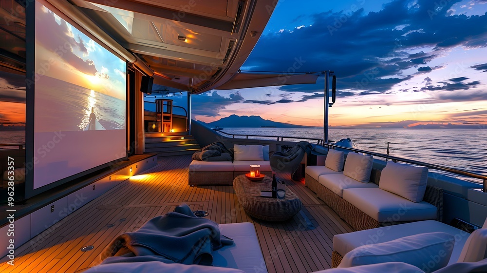 Luxury Yacht Sunset Movie Night Relaxing on Deck with Stunning Ocean Views Luxury Yacht Sunset Movie Night Relaxing on Deck with Stunning Ocean Views