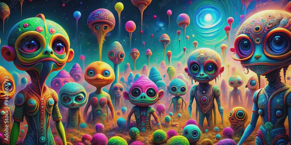 Invasion of playful and humorous aliens in a vibrant and surreal psychedelic world, Colorful, aliens, invasion, cheerful Invasion of playful and humorous aliens in a vibrant and surreal psychedelic world, Colorful, aliens, invasion, cheerful