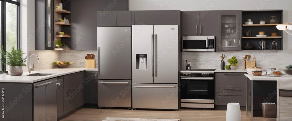 concept of the Internet of Things with an image of a smart home, featuring various connected devices and appliances, shot from a low angle with a wide-angle lens concept of the Internet of Things with an image of a smart home, featuring various connected devices and appliances, shot from a low angle with a wide-angle lens