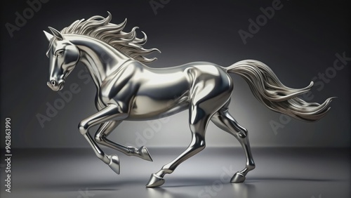 Elegant chrome metal horse sculpture running gracefully, , chrome, metal, horse, elegant, sculpture, running, grace, beauty