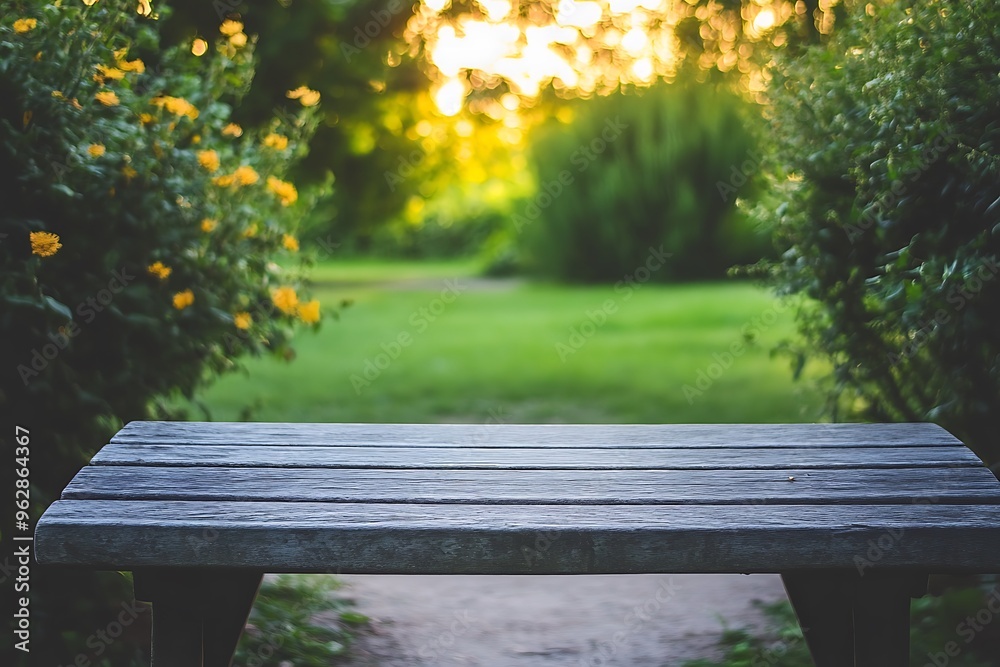 Naklejka premium Empty bench inviting you to relax in the park