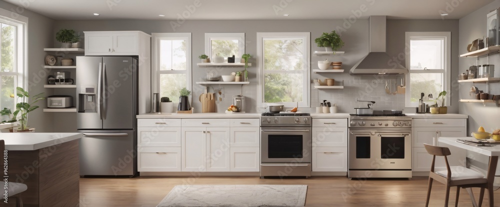 concept of the Internet of Things with an image of a smart home, featuring various connected devices and appliances, shot from a low angle with a wide-angle lens concept of the Internet of Things with an image of a smart home, featuring various connected devices and appliances, shot from a low angle with a wide-angle lens