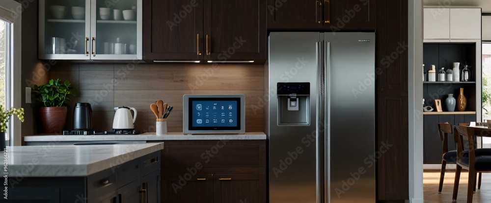 illustrate the concept of the Internet of Things with an image of a smart home, featuring various connected devices and appliances, shot from a low angle with a wide-angle lens illustrate the concept of the Internet of Things with an image of a smart home, featuring various connected devices and appliances, shot from a low angle with a wide-angle lens