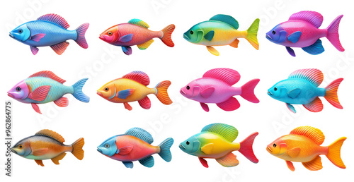 Colorful fish illustrations isolated on transparent background