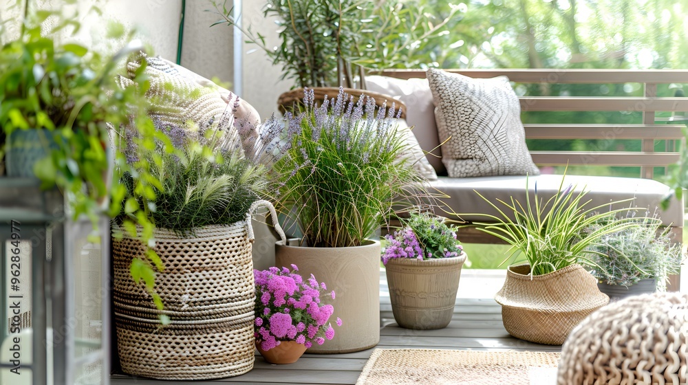 Fototapeta premium Cozy Balcony Decor with Potted Plants and Wicker Baskets